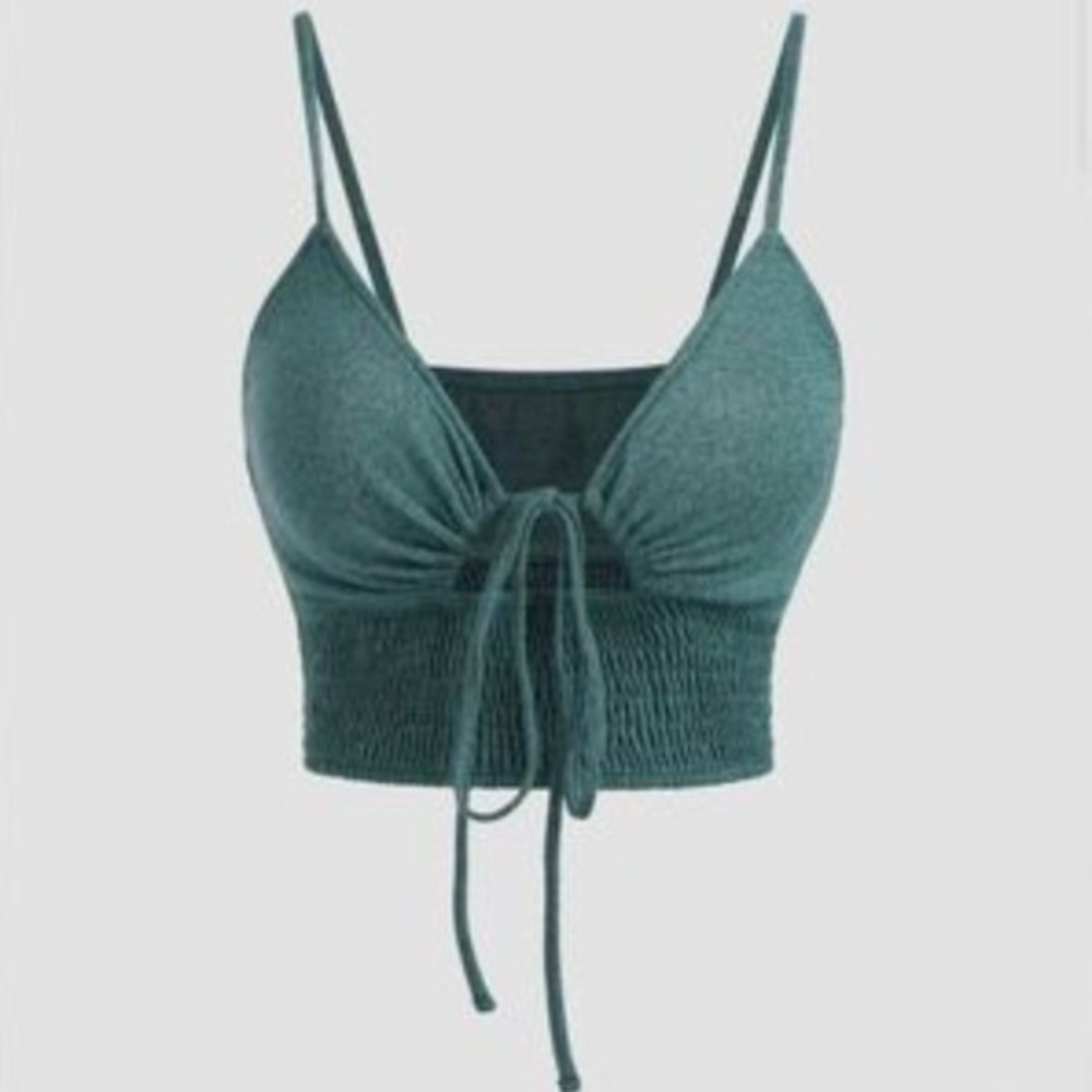 Cider Womens Medium Crop Top Green Smocked Tie Front Boho Festival Knit NEW